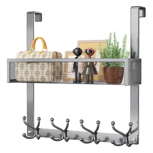 Over The Door Hooks Organizer - 2 Tier Over Door Hanger with 16 Hooks & 2 Baskets for Hanging Coat, Clothing, Towel, Back Storage for Bathroom, Closet, College Dorm, Grey Over The Door Hooks Organizer - 2 Tier Over Door Hanger with 16 Hooks & 2 Baskets for Hanging Coat, Clothing, Towel, Back Storage for Bathroom, Closet, College Dorm, Grey