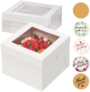 15 Pack Cake Boxes 10 inch, 10x10x8 Tall Cake Box with Clear Window 10 Inch Cake Box with Stickers, Thick Cardboard, Large Transport Container, White Cake Holder, for Birthday Wedding Party 15 Pack Cake Boxes 10 inch, 10x10x8 Tall Cake Box with Clear Window 10 Inch Cake Box with Stickers, Thick Cardboard, Large Transport Container, White Cake Holder, for Birthday Wedding Party