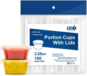 Clear Disposable Plastic Portion Cups with Leakproof Lids | Jello Shot & Condiment Cups | 3.25 OZ, 100 Sets | BPA Free & Recyclable Clear Disposable Plastic Portion Cups with Leakproof Lids | Jello Shot & Condiment Cups | 3.25 OZ, 100 Sets | BPA Free & Recyclable