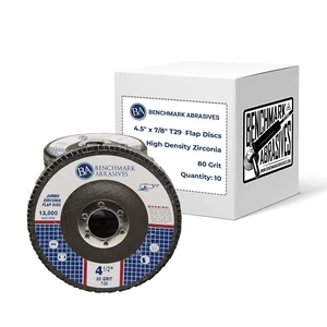 4.5" x 7/8" Zirconia Type 29 Flap Discs, 80 Grit Jumbo High Density Sanding and Finishing Wheels for Angle Grinder, 10-Count 4.5" x 7/8" Zirconia Type 29 Flap Discs, 80 Grit Jumbo High Density Sanding and Finishing Wheels for Angle Grinder, 10-Count