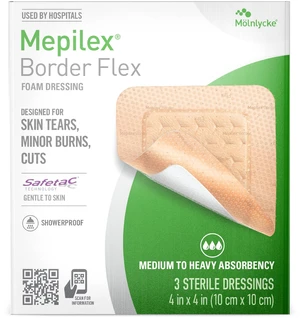 Border Flex 4 x 4 in (10 x 10 cm) Hospital Quality Dressings Trusted by healthcare for decades, designed for a wide range of advanced wounds, showerproof, may be worn for multiple days* Border Flex 4 x 4 in (10 x 10 cm) Hospital Quality Dressings Trusted by healthcare for decades, designed for a wide range of advanced wounds, showerproof, may be worn for multiple days*