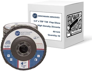 4.5" x 7/8" Zirconia Type 29 Flap Discs, 60 Grit Jumbo High Density Sanding and Finishing Wheels for Angle Grinder, 10-Count 4.5" x 7/8" Zirconia Type 29 Flap Discs, 60 Grit Jumbo High Density Sanding and Finishing Wheels for Angle Grinder, 10-Count