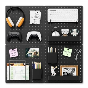 Modular Plastic Pegboard Wall Organizer Kit, Black, 12x12, 4 Panels ABS material, wall mount storage kit, includes hooks and shelves, drill free or screw installation, for home & gaming room Modular Plastic Pegboard Wall Organizer Kit, Black, 12x12, 4 Panels ABS material, wall mount storage kit, includes hooks and shelves, drill free or screw installation, for home & gaming room
