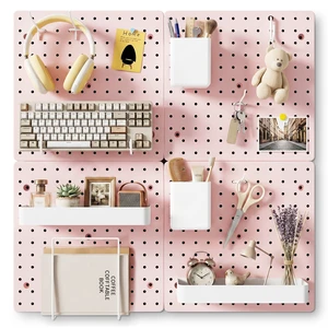 Modular Plastic Pegboard Wall Organizer Kit, Pink, 12x12, 4 Panels ABS material, wall mount storage kit, includes hooks and shelves, drill free or screw installation, for home decor& bedroom Modular Plastic Pegboard Wall Organizer Kit, Pink, 12x12, 4 Panels ABS material, wall mount storage kit, includes hooks and shelves, drill free or screw installation, for home decor& bedroom