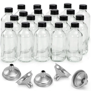 20 Pack, 4 oz Small Clear Glass Bottles with Lids & 5 Stainless Steel Funnels - 120ml Boston Sample Bottles for Potion, Juice, Wellness, Ginger Shots, Whiskey, Liquids - Mini Travel Essential Bottle 20 Pack, 4 oz Small Clear Glass Bottles with Lids & 5 Stainless Steel Funnels - 120ml Boston Sample Bottles for Potion, Juice, Wellness, Ginger Shots, Whiskey, Liquids - Mini Travel Essential Bottle