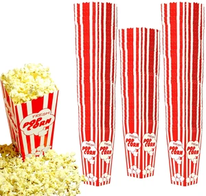110 Tall Movie Night Paper Popcorn Boxes Nostalgic Red White Stripe Large buckets hold 46oz, stand 7.75 inches, with vintage, old-fashioned retro carnival stripes. Other quantities available 110 Tall Movie Night Paper Popcorn Boxes Nostalgic Red White Stripe Large buckets hold 46oz, stand 7.75 inches, with vintage, old-fashioned retro carnival stripes. Other quantities available
