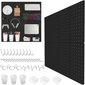 Modular Plastic Peg Board Wall Organizer Kit, 12x12, Black Includes 26 hooks and 6 bins, adhesive or drill mounting, ideal for office, craft room, kitchen Modular Plastic Peg Board Wall Organizer Kit, 12x12, Black Includes 26 hooks and 6 bins, adhesive or drill mounting, ideal for office, craft room, kitchen
