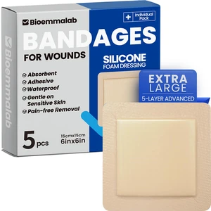 Large Waterproof Bandages 6x6 Silicone Foam Dressing Sensitive Skin, 5 PCS Wound Dressing, Adhesive Cohesive Pad with Border, First Aid, Post-Surgical, Burn & Pressure Care, Scar Care Large Waterproof Bandages 6x6 Silicone Foam Dressing Sensitive Skin, 5 PCS Wound Dressing, Adhesive Cohesive Pad with Border, First Aid, Post-Surgical, Burn & Pressure Care, Scar Care