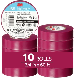 Temflex Vinyl Electrical Tape 165, 3/4 in x 60 ft, Purple, 10 Roll Pack Multi-Purpose, 19 mm x 18 m Temflex Vinyl Electrical Tape 165, 3/4 in x 60 ft, Purple, 10 Roll Pack Multi-Purpose, 19 mm x 18 m