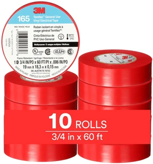 Temflex Vinyl Electrical Tape 165, 3/4 in x 60 ft, Red, 10 Roll Pack Multi-Purpose, 19 mm x 18 m Temflex Vinyl Electrical Tape 165, 3/4 in x 60 ft, Red, 10 Roll Pack Multi-Purpose, 19 mm x 18 m
