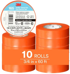 Temflex Vinyl Electrical Tape 165, 3/4 in x 60 ft, Orange, 10 Roll Pack Multi-Purpose, 19 mm x 18 m Temflex Vinyl Electrical Tape 165, 3/4 in x 60 ft, Orange, 10 Roll Pack Multi-Purpose, 19 mm x 18 m