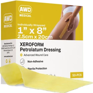 Xeroform Petrolatum Dressing, Non-Adherent, 1x8 in, 50 Count Sterile Fine Mesh Gauze Strips for Cuts, Sutures, Stitches and Fingertip Wounds; Individually Wrapped, Non-Stick, Occlusive Xeroform Petrolatum Dressing, Non-Adherent, 1x8 in, 50 Count Sterile Fine Mesh Gauze Strips for Cuts, Sutures, Stitches and Fingertip Wounds; Individually Wrapped, Non-Stick, Occlusive
