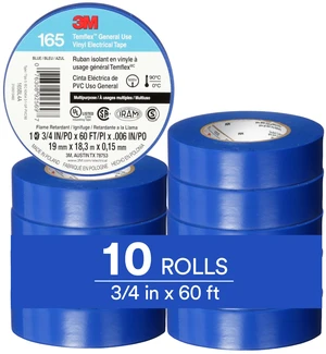 Temflex Vinyl Electrical Tape 165, 3/4 in x 60 ft, Blue, 10 Roll Pack Multi-Purpose, 19 mm x 18 m Temflex Vinyl Electrical Tape 165, 3/4 in x 60 ft, Blue, 10 Roll Pack Multi-Purpose, 19 mm x 18 m
