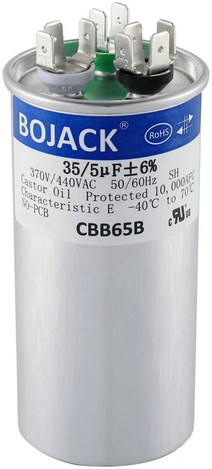 35+5uF 35 5 MFD ±6% 370V/440V CBB65 Dual Run Circular Start Capacitor for AC Motor Run or Fan Start or Condenser Straight 35+5uF 35 5 MFD ±6% 370V/440V CBB65 Dual Run Circular Start Capacitor for AC Motor Run or Fan Start or Condenser Straight