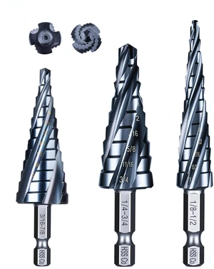 toolant M35 Cobalt Step Drill Bit Set, 3pcs, 1/8"-7/8", 1/4" Hex Shank M35 Cobalt HSS; TiAlN Coating; Four Spiral Flutes; 1/4" Hex Shank Unibit; Metal/Stainless/Aluminum/Plastic toolant M35 Cobalt Step Drill Bit Set, 3pcs, 1/8"-7/8", 1/4" Hex Shank M35 Cobalt HSS; TiAlN Coating; Four Spiral Flutes; 1/4" Hex Shank Unibit; Metal/Stainless/Aluminum/Plastic