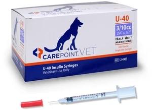 U-40 Pet Insulin Syringes, 29G x 1/2" 3/10cc, Comfortable Injection, Bold Permanent Markings for Accurate Dosage, Disposable, Box of 100 U-40 Pet Insulin Syringes, 29G x 1/2" 3/10cc, Comfortable Injection, Bold Permanent Markings for Accurate Dosage, Disposable, Box of 100