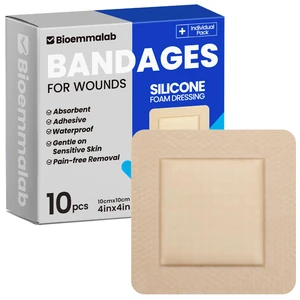 Large Waterproof Bandages 4x4 Silicone Foam Dressing Sensitive Skin, 10 PCS Wound Care Dressing, Adhesive Cohesive Pad with Border, First Aid, Post Surgical and Trauma Care, Burn Care Large Waterproof Bandages 4x4 Silicone Foam Dressing Sensitive Skin, 10 PCS Wound Care Dressing, Adhesive Cohesive Pad with Border, First Aid, Post Surgical and Trauma Care, Burn Care