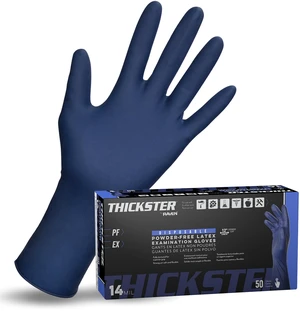 Thickster Powder-Free Exam Grade Latex Disposable Gloves. Size Medium. Blue, 14 mil Thickness, 12" Length. Fully Textured for Superior Grip. Single Use. Pack of 50. (6602-20) Thickster Powder-Free Exam Grade Latex Disposable Gloves. Size Medium. Blue, 14 mil Thickness, 12" Length. Fully Textured for Superior Grip. Single Use. Pack of 50. (6602-20)