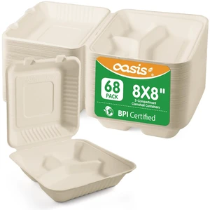 8x8 Inch 68 Pack 3-Compartment Clamshell Take Out Food Containers, Compostable Disposable Paper To Go Boxes with Lids, Heavy Duty Sugarcane Bagasse Containers for Meals & Sides, Natural 8x8 Inch 68 Pack 3-Compartment Clamshell Take Out Food Containers, Compostable Disposable Paper To Go Boxes with Lids, Heavy Duty Sugarcane Bagasse Containers for Meals & Sides, Natural