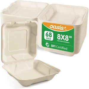 8x8 Inch 68 Pack Compostable Clamshell Take Out Food Containers, Disposable Paper To Go Boxes with Lids, Heavy Duty Sugarcane Bagasse Containers for Meals & Takeout, Natural 8x8 Inch 68 Pack Compostable Clamshell Take Out Food Containers, Disposable Paper To Go Boxes with Lids, Heavy Duty Sugarcane Bagasse Containers for Meals & Takeout, Natural