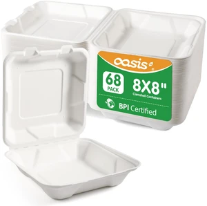 8x8 Inch 68 Pack Compostable Clamshell Take Out Food Containers, Disposable Paper To Go Boxes with Lids, Heavy Duty Sugarcane Bagasse Containers for Meals & Takeout, White 8x8 Inch 68 Pack Compostable Clamshell Take Out Food Containers, Disposable Paper To Go Boxes with Lids, Heavy Duty Sugarcane Bagasse Containers for Meals & Takeout, White