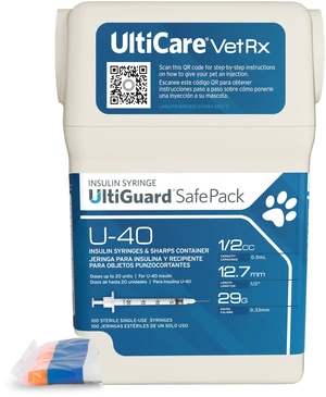 UltiGuard Safe Pack U-40 Pet Insulin Syringes 1/2cc, 29G x 1/2", 100 Ct VetRx All-in-One Insulin Syringes and Sharps Container, Works with Any U-40 Strength Insulin for Dogs or Cats UltiGuard Safe Pack U-40 Pet Insulin Syringes 1/2cc, 29G x 1/2", 100 Ct VetRx All-in-One Insulin Syringes and Sharps Container, Works with Any U-40 Strength Insulin for Dogs or Cats