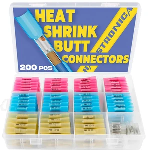 200PCS Heat Shrink Butt Connectors, 26-10 AWG 3:1 adhesive-lined heat shrink, built-in wire stop 4 color-coded sizes for marine, automotive, and trailer wiring 200PCS Heat Shrink Butt Connectors, 26-10 AWG 3:1 adhesive-lined heat shrink, built-in wire stop 4 color-coded sizes for marine, automotive, and trailer wiring