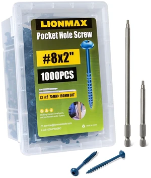 Pocket Hole Screws 2 Inch, 1000 PCS Exterior Pocket Screws #8 x 2 Rust Resistant Blue Coated, Coarse Thread, Square Drive, Washer Head, for Outdoor Use, Self Tapping, 150MM Drive Bit Included Pocket Hole Screws 2 Inch, 1000 PCS Exterior Pocket Screws #8 x 2 Rust Resistant Blue Coated, Coarse Thread, Square Drive, Washer Head, for Outdoor Use, Self Tapping, 150MM Drive Bit Included