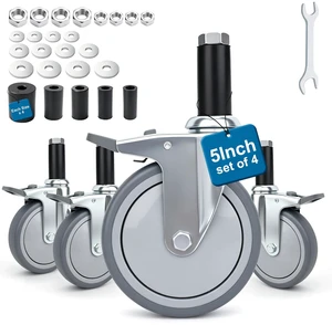 5 Inch Expanding Stem Casters with 5 Size Rubber Sleeves With Brake, Fit for 1", 1-1/8", 1-1/4", 1-2/5", 1-5/8" Stainless Steel Table, Cart, Furniture, Trolley, Wire Shelving Legs 5 Inch Expanding Stem Casters with 5 Size Rubber Sleeves With Brake, Fit for 1", 1-1/8", 1-1/4", 1-2/5", 1-5/8" Stainless Steel Table, Cart, Furniture, Trolley, Wire Shelving Legs