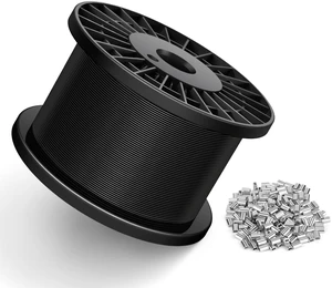 Black Vinyl Coated Wire Rope 1/16", 600FT 304 Stainless Steel Cable Includes Enough Aluminum Crimping Loop Sleeves for String Light, Clotheslines, Trellis, Picuture Hanging and DIY Projects Black Vinyl Coated Wire Rope 1/16", 600FT 304 Stainless Steel Cable Includes Enough Aluminum Crimping Loop Sleeves for String Light, Clotheslines, Trellis, Picuture Hanging and DIY Projects