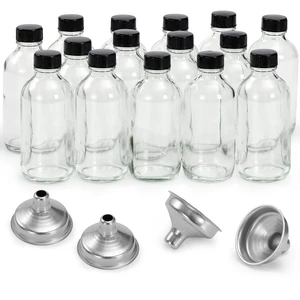 15 Pack, 4 oz Small Clear Glass Bottles with Lids & 4 Stainless Steel Funnels - 120ml Boston Sample Bottle for Potion, Juice, Wellness, Ginger Shots, Whiskey, Liquids - Mini Travel Essential Bottles 15 Pack, 4 oz Small Clear Glass Bottles with Lids & 4 Stainless Steel Funnels - 120ml Boston Sample Bottle for Potion, Juice, Wellness, Ginger Shots, Whiskey, Liquids - Mini Travel Essential Bottles