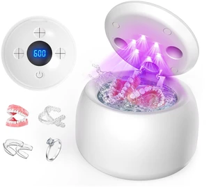 Ultrasonic Retainer Cleaner with UV Light - 45kHz Deep Cleaning Pod for Dentures, Aligners, Night Guards - Includes Cleaning Brush, 200ml Capacity (Silver) Ultrasonic Retainer Cleaner with UV Light - 45kHz Deep Cleaning Pod for Dentures, Aligners, Night Guards - Includes Cleaning Brush, 200ml Capacity (Silver)