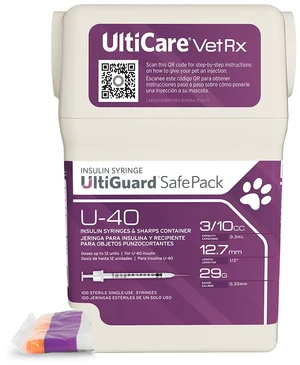 UltiGuard Safe Pack U-40 Pet Insulin Syringes, 3/10cc, 29G x 1/2", 100 Ct VetRx All-in-One Insulin Syringes and Sharps Container, Works with Any U-40 Strength Insulin for Dogs or Cats UltiGuard Safe Pack U-40 Pet Insulin Syringes, 3/10cc, 29G x 1/2", 100 Ct VetRx All-in-One Insulin Syringes and Sharps Container, Works with Any U-40 Strength Insulin for Dogs or Cats