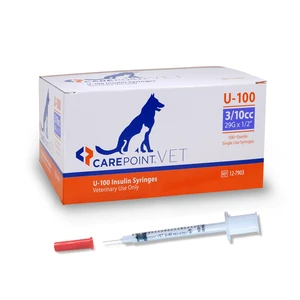 U-100 Pet Insulin Syringes, 29G x 1/2" 3/10cc, Comfortable Injection, Bold Permanent Markings for Accurate Dosage, Disposable, Box of 100 U-100 Pet Insulin Syringes, 29G x 1/2" 3/10cc, Comfortable Injection, Bold Permanent Markings for Accurate Dosage, Disposable, Box of 100