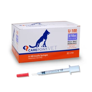 U-100 Pet Insulin Syringes, 31G x 5/16" 3/10cc, Comfortable Injection, Bold Permanent Markings for Accurate Dosage, Disposable, Box of 100 U-100 Pet Insulin Syringes, 31G x 5/16" 3/10cc, Comfortable Injection, Bold Permanent Markings for Accurate Dosage, Disposable, Box of 100