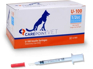 U-100 Pet Insulin Syringes, 31G x 5/16" 1/2cc, Comfortable Injection, Bold Permanent Markings for Accurate Dosage, Disposable, Box of 100 U-100 Pet Insulin Syringes, 31G x 5/16" 1/2cc, Comfortable Injection, Bold Permanent Markings for Accurate Dosage, Disposable, Box of 100