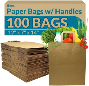 Paper Grocery Bags w/Handles | 100 Pcs Bulk Pack (12"x7"x14") Heavy Duty 57 Lbs Basis | Large Paper Grocery Bags with Handles | Shopping, Takeout/To Go, Retail (Brown/Kraft) Paper Grocery Bags w/Handles | 100 Pcs Bulk Pack (12"x7"x14") Heavy Duty 57 Lbs Basis | Large Paper Grocery Bags with Handles | Shopping, Takeout/To Go, Retail (Brown/Kraft)