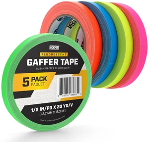 Neon Spike Tape 5 Pack - 1/2 Inch x 20 Yards Colored Gaffer Tape Fluorescent Matte Gaff Tape, UV Blacklight Glow, Residue-Free, Water-Resistant, Easy Tear for Theater, Stage, Marking, School Neon Spike Tape 5 Pack - 1/2 Inch x 20 Yards Colored Gaffer Tape Fluorescent Matte Gaff Tape, UV Blacklight Glow, Residue-Free, Water-Resistant, Easy Tear for Theater, Stage, Marking, School
