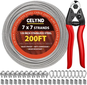 1/8 Stainless Steel Cable Kit - 200ft 1/8" Wire Rope with Cutter Heavy Duty 7x7 Strands for Outdoor String Light Hanging Deck Railing Clothesline Garden Fence DIY Projects 1/8 Stainless Steel Cable Kit - 200ft 1/8" Wire Rope with Cutter Heavy Duty 7x7 Strands for Outdoor String Light Hanging Deck Railing Clothesline Garden Fence DIY Projects