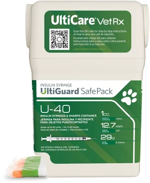 UltiGuard Safe Pack U-40 Pet Insulin Syringes, 1cc, 29G x 1/2", 100 Ct VetRx All-in-One Insulin Syringes and Sharps Container, Works with Any U-40 Strength Insulin for Dogs or Cats UltiGuard Safe Pack U-40 Pet Insulin Syringes, 1cc, 29G x 1/2", 100 Ct VetRx All-in-One Insulin Syringes and Sharps Container, Works with Any U-40 Strength Insulin for Dogs or Cats