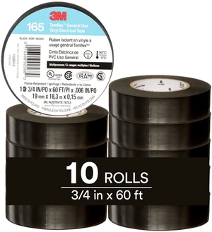 Temflex Vinyl Electrical Tape 165, 3/4 in x 60 ft, Black, 10 Roll Pack Multi-Purpose, 19 mm x 18 m Temflex Vinyl Electrical Tape 165, 3/4 in x 60 ft, Black, 10 Roll Pack Multi-Purpose, 19 mm x 18 m
