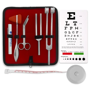 Premium 7 Piece Silver Diagnostic Kit - Taylor Hammer, Measuring Tape, Tuning Forks, Bandage Scissors, Pupil Gauge Penlight, Snellen Eye Chart (Silver) Premium 7 Piece Silver Diagnostic Kit - Taylor Hammer, Measuring Tape, Tuning Forks, Bandage Scissors, Pupil Gauge Penlight, Snellen Eye Chart (Silver)