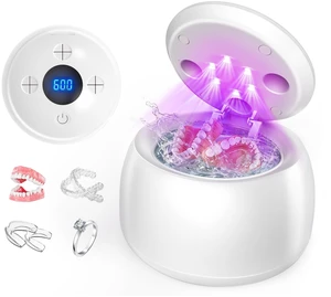 Ultrasonic Retainer Cleaner Machine with UV Light - 45kHz Deep Cleaning Pod for Dentures, Aligners, Night Guards - Includes Cleaning Brush, 200ml Capacity (White) Ultrasonic Retainer Cleaner Machine with UV Light - 45kHz Deep Cleaning Pod for Dentures, Aligners, Night Guards - Includes Cleaning Brush, 200ml Capacity (White)