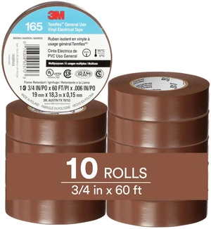 Temflex Vinyl Electrical Tape 165, 3/4 in x 60 ft, Brown, 10 Roll Pack Multi-Purpose, 19 mm x 18 m Temflex Vinyl Electrical Tape 165, 3/4 in x 60 ft, Brown, 10 Roll Pack Multi-Purpose, 19 mm x 18 m