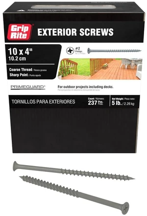 Exterior Screws - Safe for Use in Treated Lumber - #2 Phillips Bugle Head - Coarse Thread Deck Screws - PrimeGuard Coating - 5lb Box - #9 x 4 - Gray - PTN4S5 Exterior Screws - Safe for Use in Treated Lumber - #2 Phillips Bugle Head - Coarse Thread Deck Screws - PrimeGuard Coating - 5lb Box - #9 x 4 - Gray - PTN4S5