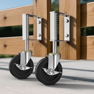 4 Inch Heavy Duty Spring Loaded Gate Casters with Brake, 2 Pack 220lbs max capacity. Adjustable spring design absorbs shock on uneven ground. Smooth rolling for heavy wood & metal gates 4 Inch Heavy Duty Spring Loaded Gate Casters with Brake, 2 Pack 220lbs max capacity. Adjustable spring design absorbs shock on uneven ground. Smooth rolling for heavy wood & metal gates