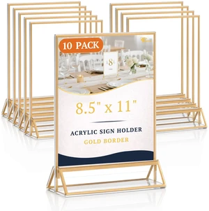 10 Pack 8.5×11 Clear Acrylic Sign Holder with Gold Borders and Vertical Stand, Double Sided Table Menu Holders Picture Frames for Wedding Table Numbers, Restaurant Signs, Photos and Art Display 10 Pack 8.5×11 Clear Acrylic Sign Holder with Gold Borders and Vertical Stand, Double Sided Table Menu Holders Picture Frames for Wedding Table Numbers, Restaurant Signs, Photos and Art Display