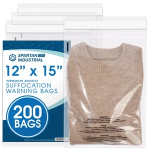 12 X 15 (200 Count) Self Seal Clear Poly Bags with Suffocation Warning for Packaging, T-Shirts & Clothing - Permanent Adhesive 12 X 15 (200 Count) Self Seal Clear Poly Bags with Suffocation Warning for Packaging, T-Shirts & Clothing - Permanent Adhesive