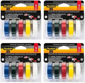 Vinyl 35 Electrical Tape, 5 Rolls, Multi-Color Pack, Ideal for Cable Jacket Repair & Electrical Insulation, Premium Vinyl Material, Indoor & Outdoor Use, High Adhesion (10457DC), 4-Pack Vinyl 35 Electrical Tape, 5 Rolls, Multi-Color Pack, Ideal for Cable Jacket Repair & Electrical Insulation, Premium Vinyl Material, Indoor & Outdoor Use, High Adhesion (10457DC), 4-Pack
