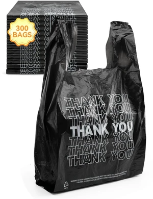 300 Count Thank You Bags, 12 x 6 x 22 in, 15 Mic Black Bags Reliable Carryout and Shopping Bags with Reinforced Handles for Retail, Grocery, Restaurant and Takeout Use 300 Count Thank You Bags, 12 x 6 x 22 in, 15 Mic Black Bags Reliable Carryout and Shopping Bags with Reinforced Handles for Retail, Grocery, Restaurant and Takeout Use
